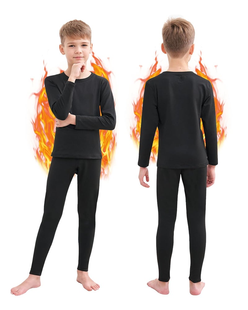 HEROBIKER Thermal Underwear Boys Ultra Soft Fleece Lined Kids Thermals Long Johns Top Bottom Warm Set for Winter Skiing Black - Image 1
